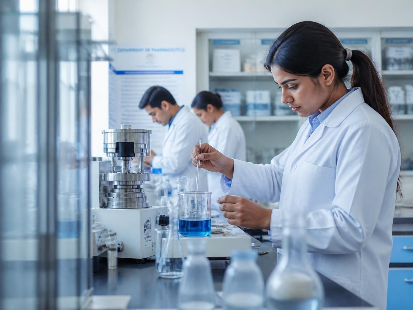 Pharmacy students in white coats working with formulation equipment and glassware in a teaching laboratory